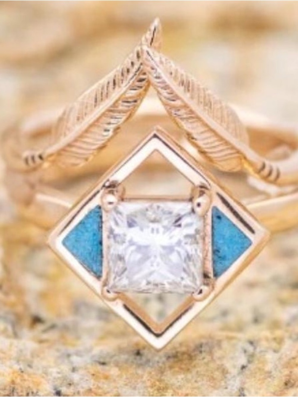 Gold Tone Turquoise Accent Square CZ Ring - Women Jewelry